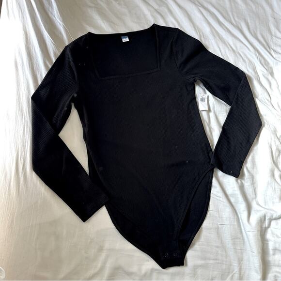 Old Navy Long-Sleeve Square Neck Rib Knit Bodysuit Black NWT Large - Picture 2 of 9